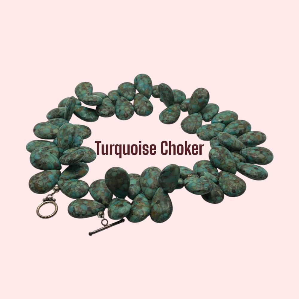 Statement Choker Necklace Almond Shape Turquoise Brown Stones 16”